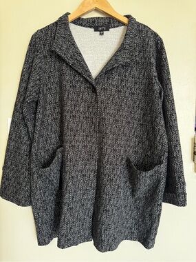 Comfy USA Black/White Herringbone Knit Cardigan Sweater L 3/4 Sleeve Pockets
